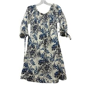 Valentina Naldi Linen Off Shoulder Boho Floral Peasant Dress Blue White Italy S